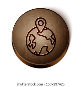 Brown line Worldwide icon isolated on white background. Pin on globe. Wooden circle button. Vector Illustration