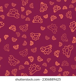Brown line Wrench spanner and gear icon isolated seamless pattern on red background. Adjusting, service, setting, maintenance, repair, fixing.  Vector Illustration