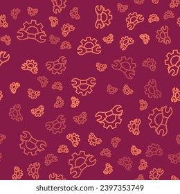Brown line Wrench spanner and gear icon isolated seamless pattern on red background. Adjusting, service, setting, maintenance, repair, fixing.  Vector Illustration