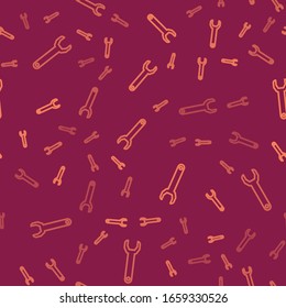 Brown line Wrench spanner icon isolated seamless pattern on red background.  Vector Illustration