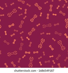 Brown line Wrench spanner icon isolated seamless pattern on red background.  Vector Illustration