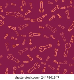 Brown line Wrench spanner icon isolated seamless pattern on red background.  Vector Illustration