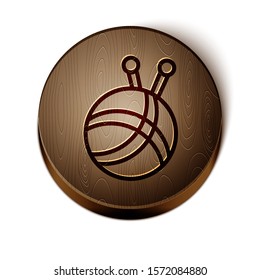 Brown line Yarn ball with knitting needles icon isolated on white background. Label for hand made, knitting or tailor shop. Wooden circle button. Vector Illustration