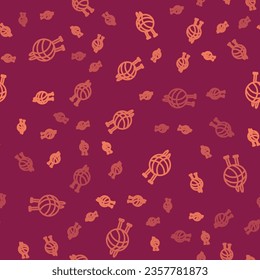Brown line Yarn ball with knitting needles icon isolated seamless pattern on red background. Label for hand made, knitting or tailor shop.  Vector