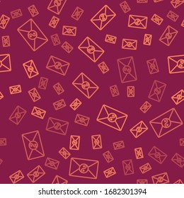Brown line Yin Yang and envelope icon isolated seamless pattern on red background. Symbol of harmony and balance.  Vector Illustration