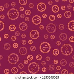 Brown line Yin Yang symbol of harmony and balance icon isolated seamless pattern on red background.  Vector Illustration