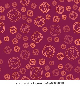 Brown line Yin Yang symbol of harmony and balance icon isolated seamless pattern on red background.  Vector Illustration