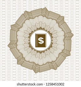 Brown linear rosette with book with money symbol inside icon inside