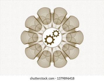 Brown linear rosette with gear, team work icon inside
