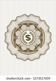 Brown linear rosette with laurel wreath with money symbol inside icon inside