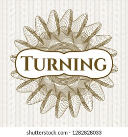 Brown linear rosette with text Turning inside