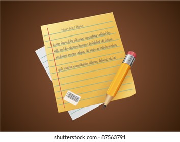 Brown lined note paper with pencil and eraser