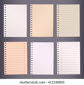 Brown lined and squared notebook paper are stuck on dark background