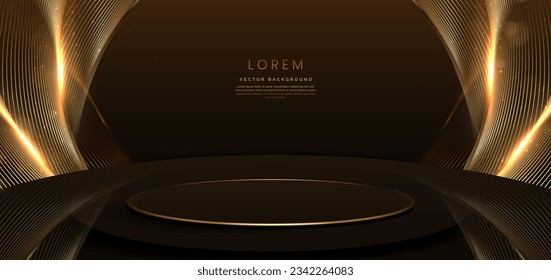 Braun und Linien goldene Szene mit Kreis Podium und Lichteffekt funkeln auf dunkelbraunem Hintergrund. Prämiendesign für Vorlagen. Vektorgrafik