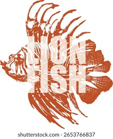 Ilustração de peixe-leão marrom com sobreposição de texto branco. Design de peixes venenosos para a biologia marinha, vida oceânica e conceitos de consciência.