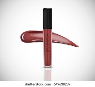 Brown Liquid lipstick, Lip gloss in elegant glass bottle with black lid, closed and open container with brush, isolated . Make up smear.