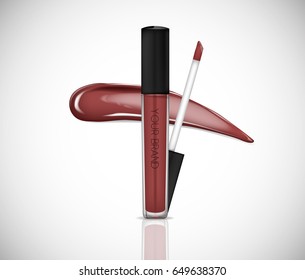 Brown Liquid lipstick, Lip gloss in elegant glass bottle with black lid, closed and open container with brush, isolated . Make up smear.