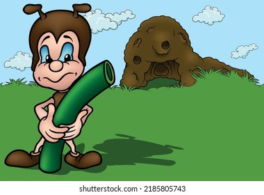 Brown Little Ant Carrying Part of Green Stalk - Colored Cartoon Illustration with Background, Vector