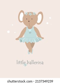 Brown little mouse ballerina girl in a blue dress in cartoon style. Vector illustration card with text for card, print, sticker