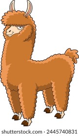 Brown Llama Animal Cartoon Character. Vector Hand Drawn Illustration Isolated On Transparent Background