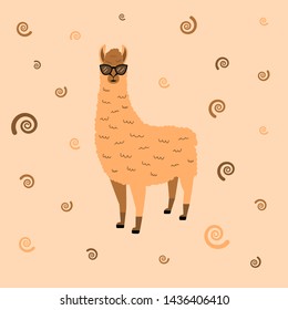 Brown llama. Colorful vector flat illustration. Cute animal with glasses. Decor background