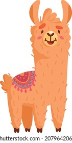 Brown llama. Cute cartoon alpaca character. Funny animal