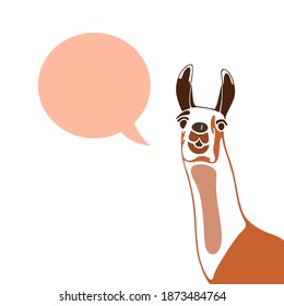 brown llama with a pink speech bubble. concept of cute good little animal. poster or card. simple isolated sign on white background