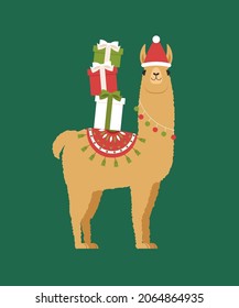 Brown llama in winter hat with Christmas gifts.  Merry Christmas hand lettering. Vector illustration