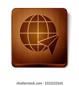 Brown Location on the globe icon isolated on white background. World or Earth sign. Wooden square button. Vector Illustration