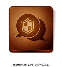 Brauner Ortsschild einzeln auf weißem Hintergrund. Versicherungskonzept. Schutzschild. Sicherheit, Sicherheit, Schutz, Datenschutz Holzquadrat-Taste. Vektorgrafik