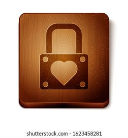 Brown Lock and heart icon isolated on white background. Locked Heart. Love symbol and keyhole sign. Valentines day symbol. Wooden square button. Vector Illustration