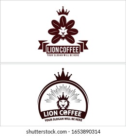 Brown logo with emblem coffee head lion crown and sunrise abstract design vector suitable for cafe business a drink coffee label shop