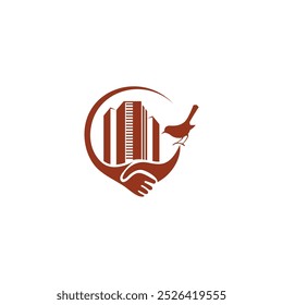 Logo marrón con un rascacielos dentro de un círculo, sostenido por dos manos. Un Pequeño pájaro se posa en la cima del rascacielos.