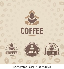 Brown logo and pattern for natural Indian coffee on a beige background