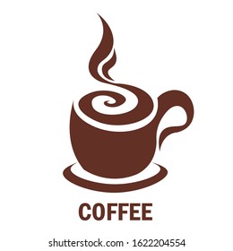 Brown logo sketch of a steaming cup of full coffee on a saucer. isolated on white background. vector illustration modern flat design.