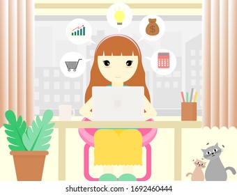 

Brown long haired girl Sit and work at home On her desk, there is a computer. Outside, a tall building was seen and there was a curtain on the window, two cats and a green leafy tree in a pot.