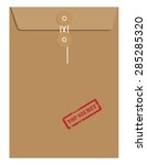 Brown long postal envelope template with red rubber stamp top secret vector illustration. Envelope sealed with string.