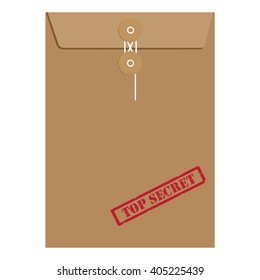 Brown long postal envelope template with red rubber stamp top secret vector illustration. Envelope sealed with string.