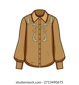 Camisa de Botón de manga larga marrón con patrones de pergamino bordados de estilo occidental clásico en la parte delantera y el cuello, que representan la moda del país y la ropa tradicional del rancho