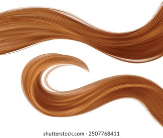 Brown long waved woman hair strand lock. Straight healthy smooth shiny female ponytail for healthcare cosmetic, hairdresser or haircut design. Realistic 3d vector set of wig tail curly sample.