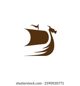 A brown longship icon featuring a dragon figurehead, simple sail design, and shields, representing Norse marine history and Scandinavian mythology.