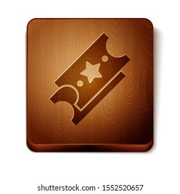 Brown Lottery ticket icon isolated on white background. Bingo, lotto, cash prizes. Financial success, prosperity, victory, winnings luck. Wooden square button. Vector Illustration