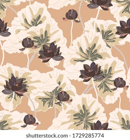 Brown lotuses with large cream leaves on a beige tan color background. Vector seamless floral pattern. Square repeating design for fabric and wallpaper. 