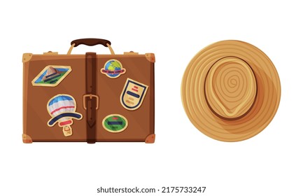 Brown Luggage Bag and Straw Wide Brimmed Hat as Travel and Tourism Symbol Vector Set