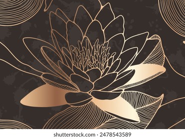 Diseño floral de lujo marrón con flor de loto dorado. Póster floral de lujo, Anuncio, diseño de portada. Ilustración vectorial.