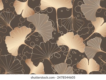 Brown luxury floral design with golden ginkgo biloba leaves. Luxury floral poster, banner, cover design. Vector illustration.