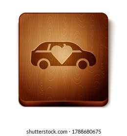 Brown Luxury limousine car icon isolated on white background. For world premiere celebrities and guests poster. Wooden square button. Vector