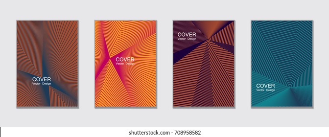 Brown, magenta and blue halftone angles vector cover template with lines. Tech background, title places. Vector journal design covers geometric shape background set, halftone lines hipster collection.