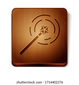 Icono de la varita mágica parda aislado en fondo blanco. Accesorio mágico con forma de estrella. Poder mágico. Botón cuadrado de madera. Ilustración vectorial