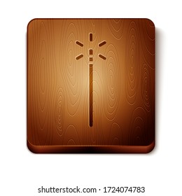 Brown Magic wand icon isolated on white background. Star shape magic accessory. Magical power. Wooden square button. Vector Illustration
